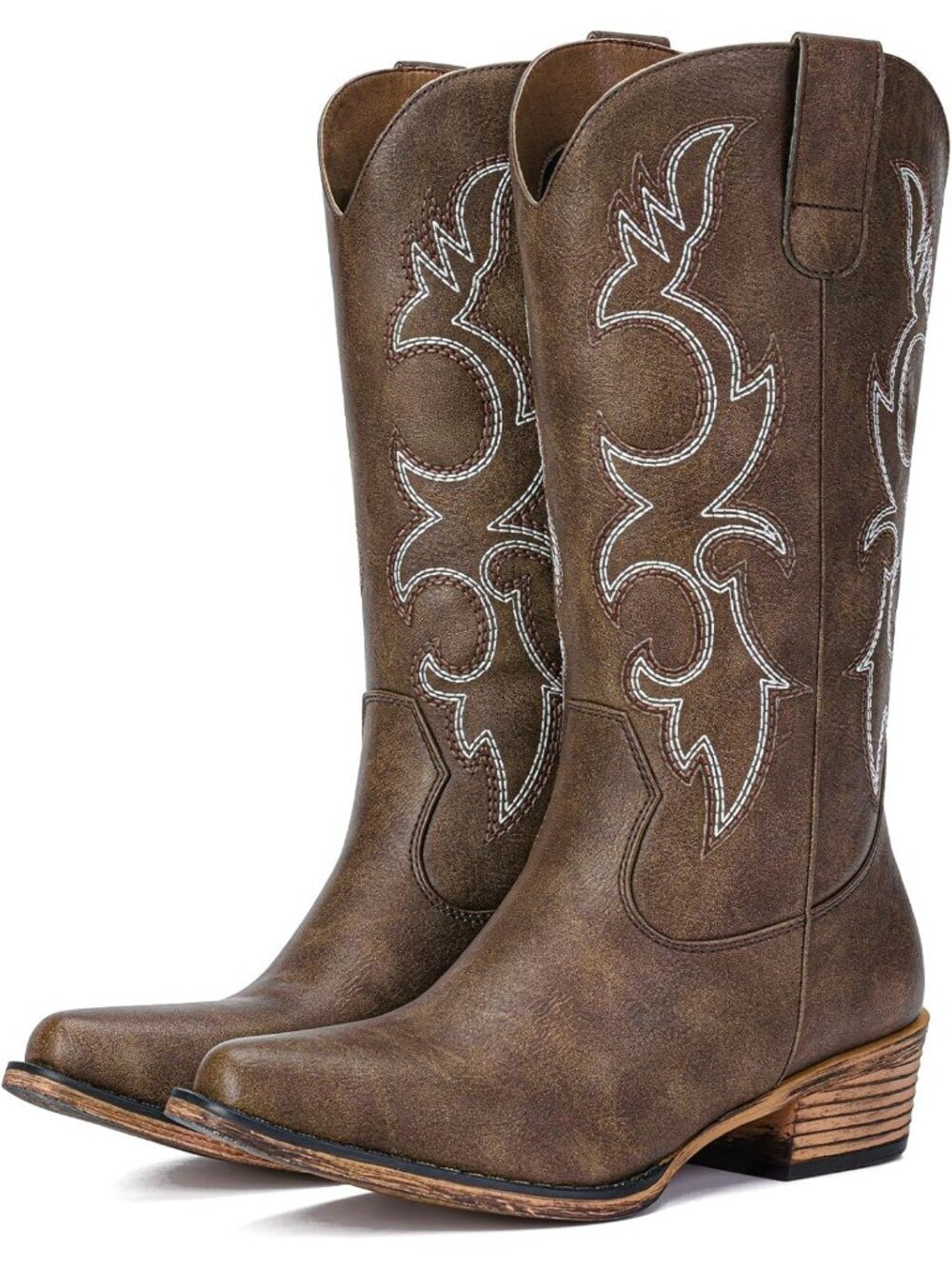 Women's Brown Embroidered Cowgirl Boots Western Mid Calf Fashion Chunky Heel